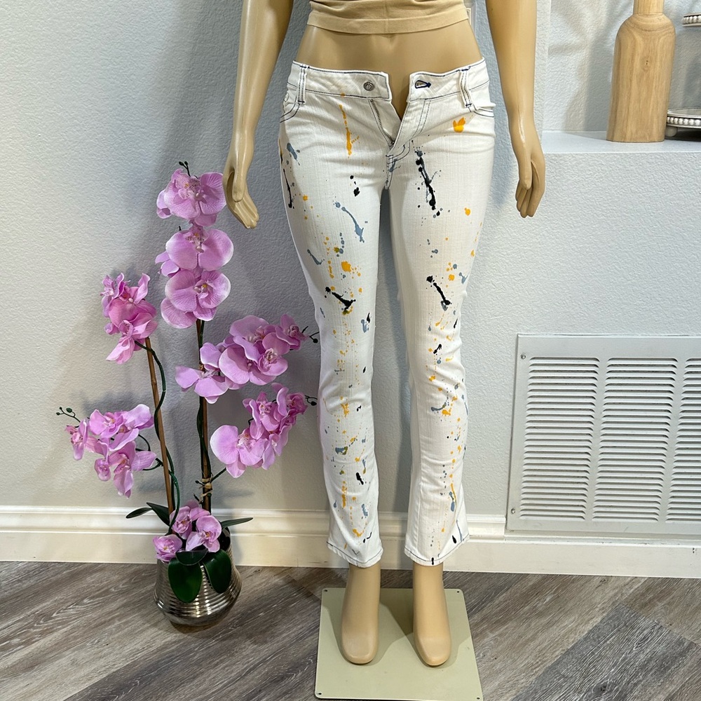 Womens White Denim Jeans Size 4 Splattered Paint Pants Stretch Colorful Retro